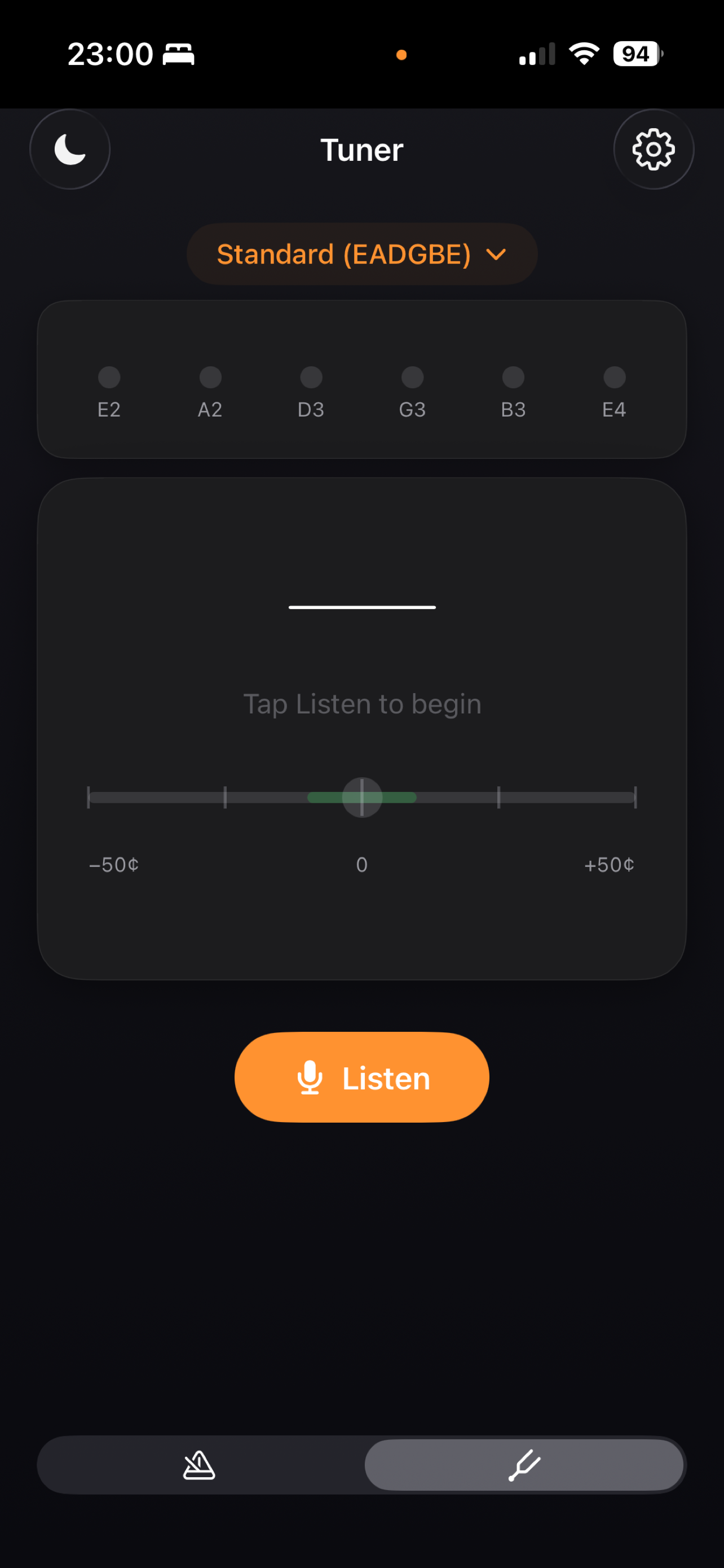 Tactus tuner screen on iPhone, showing standard tuning and a cents-deviation meter